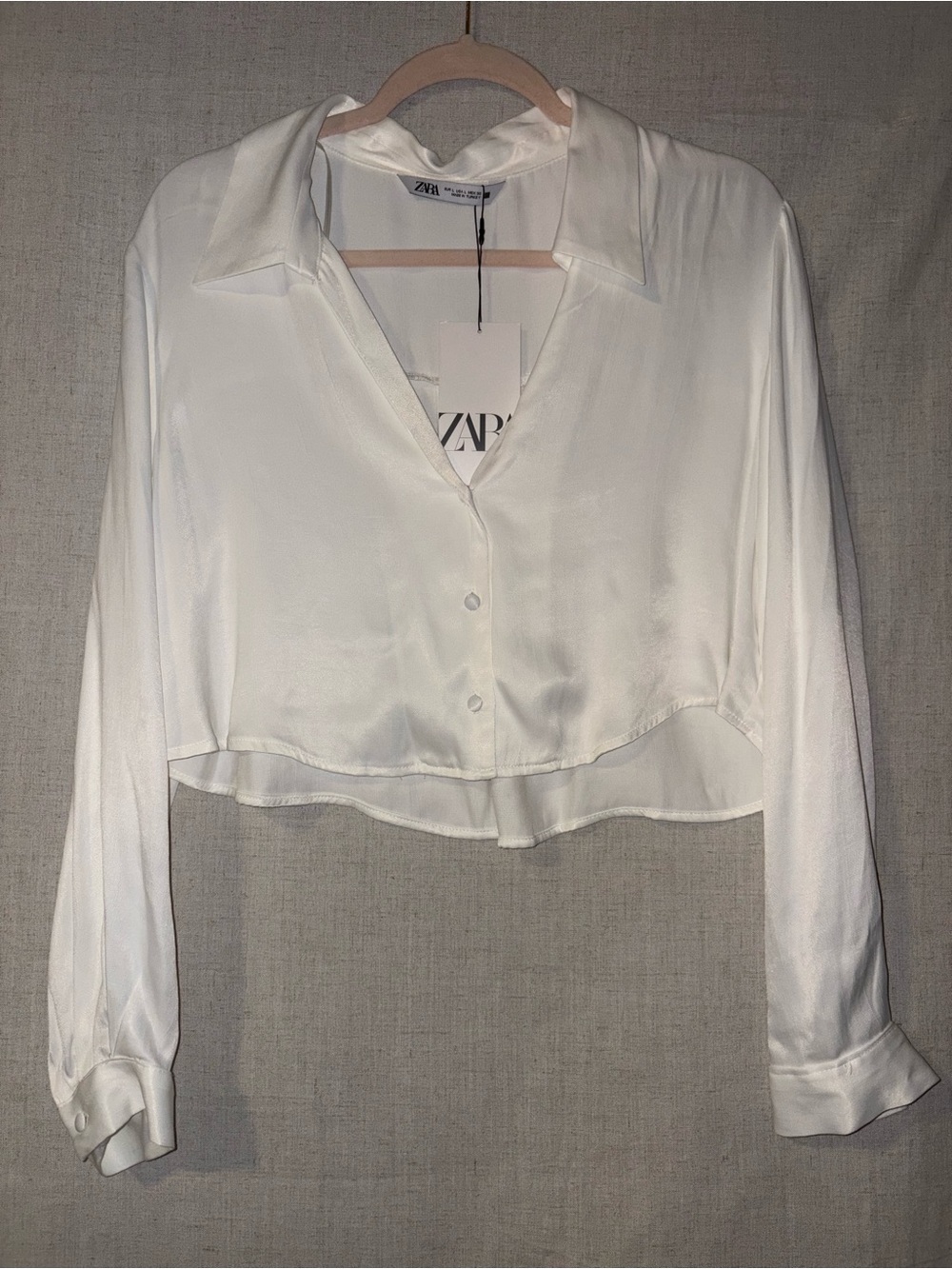 Zara Ivory Satin Cropped Button-Down Shirt